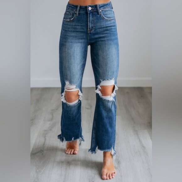New Risen High Rise Straight Leg Jeans Ripped Knee Distressed Dark Wash - Picture 4 of 4